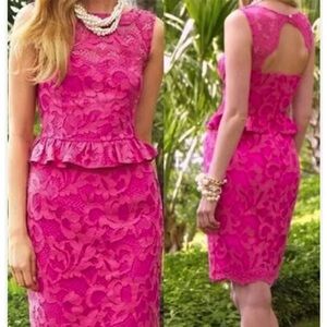 Lilly Pulitzer Kiri Mambo Pink Romantic Lace Peplum Sheath Dress Cocktail Sz. 2